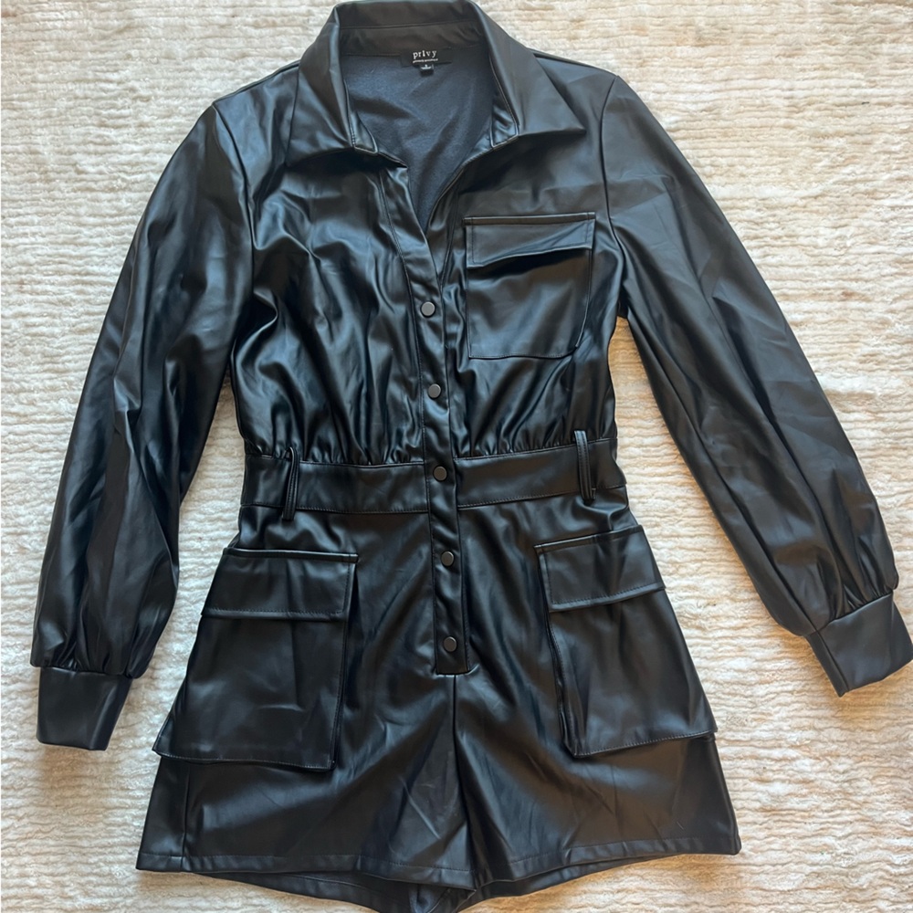 Long Sleeve Black Leather Romper/Jumpsuit